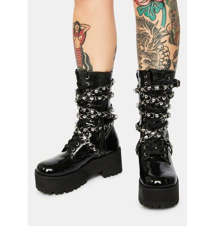 Sugar Thrillz Patent Strapped Combat Boots With Heart Studs | Dolls Kill