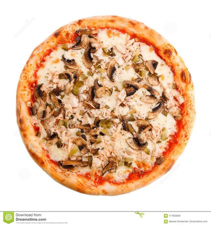 Delicious Classic Italian Pizza With Spicy Chicken, Mushrooms And Cheese. Stock Photo - Image of cheese, isolated: 117830828