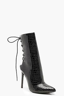 Patent Croc Effect Lace Up Back Sock Boots
