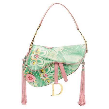 Dior Pink/Green Printed Satin and Glazed Leather Limited Edition 0705 Saddle Bag