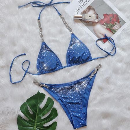 Blue Crystal Rhinestone Bling Bikini Swimsuit