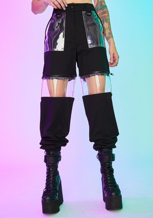 Current Mood Black Clear PVC Panel Tech Wear Y2K Cargo Pants | Dolls Kill