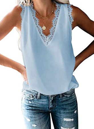 BLENCOT Women's V Neck Lace Trim Tank Tops Casual Loose Sleeveless Blouse Shirts at Amazon Women’s Clothing store