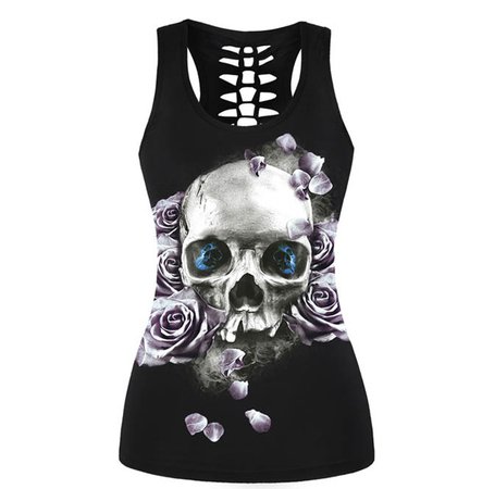 3 D Print Skulls Flowers Hollow Out Back Punk Tank Top | RebelsMarket