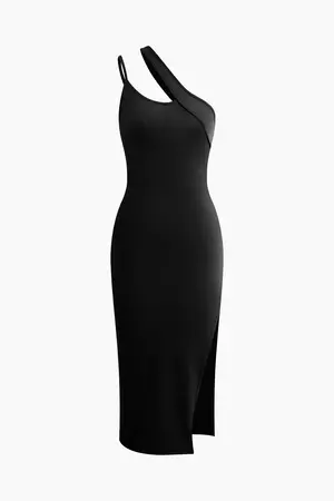Asymmetrical Neckline Slit Midi Dress – Micas