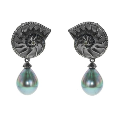 Diamond Sapphire Tahiti Pearl 18 Karat Black Gold Seashell Earrings by Mousson Atelier