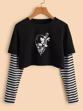 2 In 1 Skull Graphic Striped Crop Tee | ROMWE USA