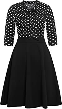 BEDOAR Plus Size Aline Dress for Women Wite 3/4 Sleeve Vintage 50s Bow Tie Neck Winter Pockets Business Work Swing Dresses(B007Black+grid-24W) at Amazon Women’s Clothing store