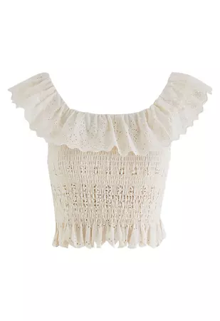 Floret Embroidered Eyelet Shirred Top in Cream - Retro, Indie and Unique Fashion