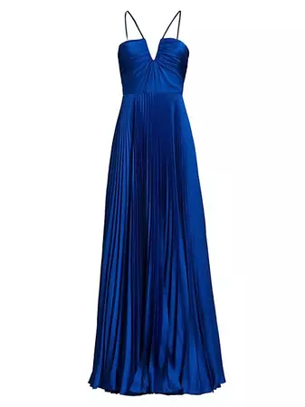 Shop ML Monique Lhuillier Indigo Satin Pleated Gown | Saks Fifth Avenue