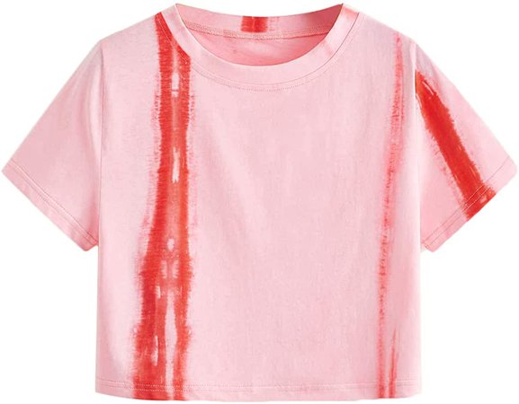 SweatyRocks Women's Tie Dye Print Summer Round Neck Short Sleeve Crop T-Shirt Top (X-Small, Tie Dye Yellow) at Amazon Women’s Clothing store