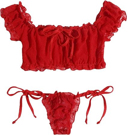 Amazon.com: SheIn Women's Self Tie Ruffle Trim Dobby Mesh Lingerie Set Sexy Bra and Panty Pure Red Large: Clothing, Shoes & Jewelry
