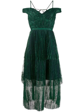 Green Self-Portrait Pleated Lace Midi Dress | Farfetch.com