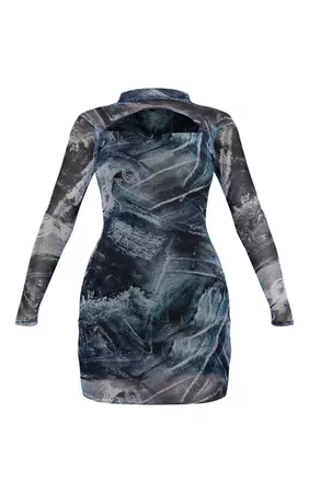 Blue Denim Mesh Cut Out Long Sleeve Bodycon Dress | PrettyLittleThing USA