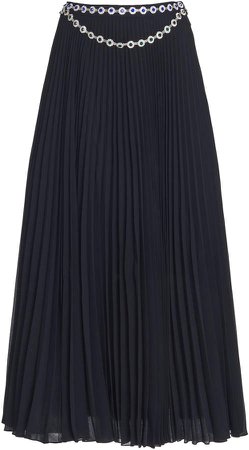Crystal Belted Pleated Cady Midi Skirt