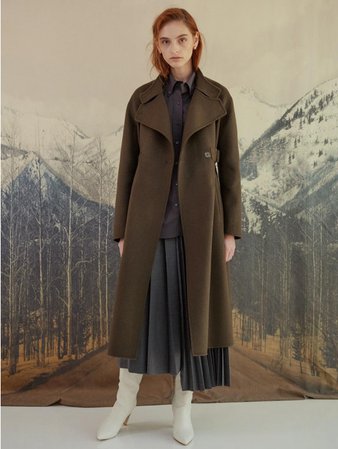 DYS Forte Coat Khaki High Neck Belted Handmade Wool Ca │Curated Collections of Global Independent Designers