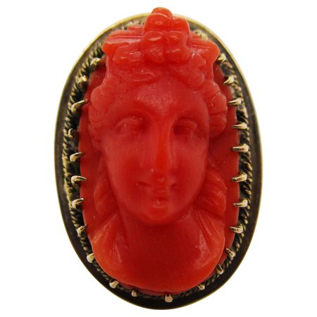 Victorian 14 Karat Yellow Gold and Undyed Red Coral Cameo Fashion Ring For Sale at 1stDibs