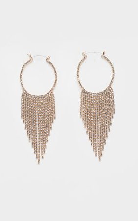 Gold Diamante Tassel Drop Hoop Earrings | PrettyLittleThing