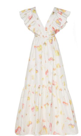 Floral-Printed Fluttered Taffeta Gown