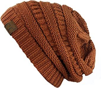 brown slouch knit chunky beanie hat