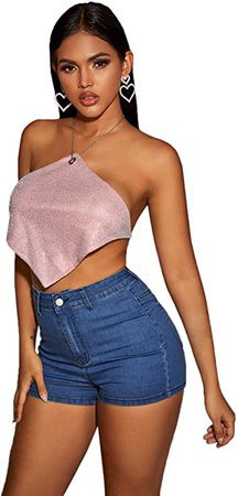 SheIn Women's Sexy Halter Glitter Crop Top Backless Party Cami Tie Back Club Tank Pink#2 Small at Amazon Women’s Clothing store