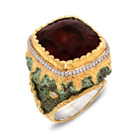 Victor Velyan, Ring with Garnet & Diamonds, 24K gold and Silver, in Green Patina