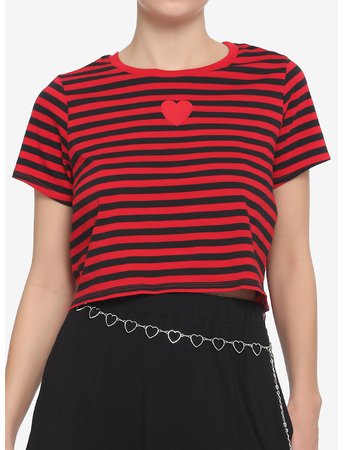 Red & Black Stripe Heart Girls Boxy Crop T-Shirt
