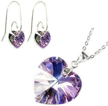 Amazon.com: Queenberry Sterling Silver Purple Swarovski Elements Crystal Heart Earrings Pendant Necklace Set, 16" + 2" Extender: Jewelry