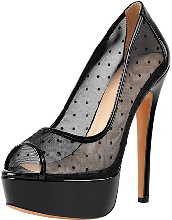 *clipped by @luci-her* Platform Peep Toe Stiletto Slip on Pumps Mesh Polka Dot Sexy High Heel