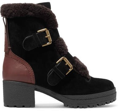 Shearling-trimmed Suede And Leather Ankle Boots - Black