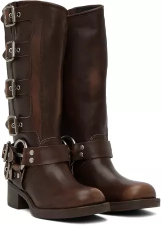 Miu Miu: Brown Buckle Boots | SSENSE Canada