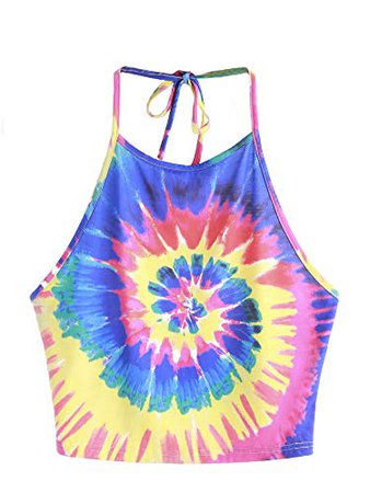 Romwe Women's Sexy Spiral Tie Dye Multicolor Print Backless Tie Halter Top at Amazon Women’s Clothing store: