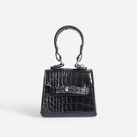 Charlie Lock Detail Mini Bag In Black Croc Print Faux Leather | EGO