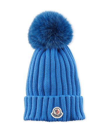 Moncler Ribbed-Knit Beanie Hat w/Fur Pompom