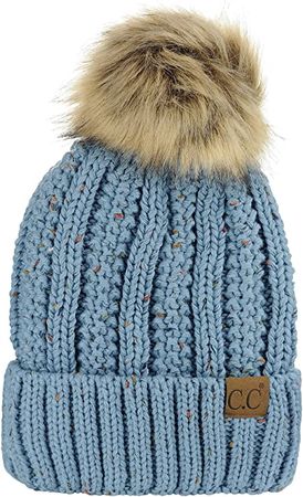 C.C Thick Cable Knit Faux Fuzzy Fur Pom Fleece Lined Skull Cap Cuff Beanie, Confetti Purple at Amazon Women’s Clothing store