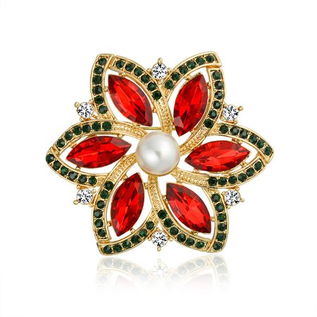 Gold Plated Poinsettia Ruby Color Pearl Christmas Brooch Pin