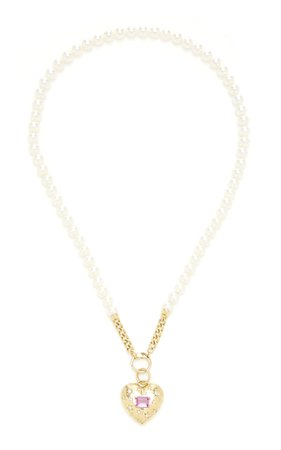 18K Yellow Gold Anniversary Large Puffed Pink Sapphire Heart Pendant on Cultured Pearl Chain by Jemma Wynne | Moda Operandi