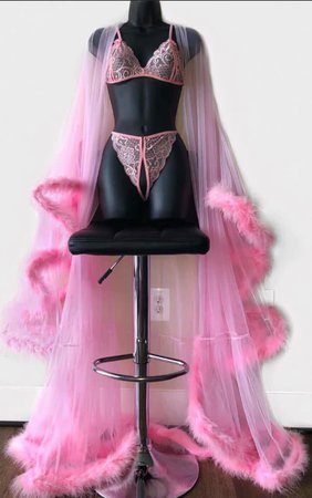 pink sexy lingerie with fur mesh robe