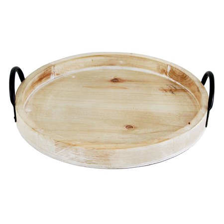Round Wooden Tray with Black Metal Handles, 13.8" | At Home