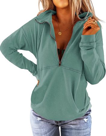 Floral Find Women's Long Sleeve Lapel Half Zip Up Sweatshirt Solid Stylish Loose Fit Casual Pullover Tops (Sage, Medium) at Amazon Women’s Clothing store