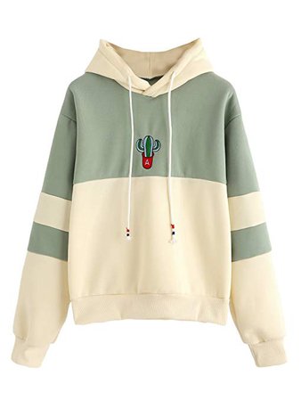 Green and Yellow Color Block Fleece Pullover Hoodie with Cactus Patch