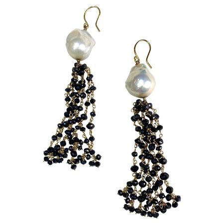 Black Diamond and White Baroque Pearl Tassel Earrings, 18k Gold For Sale at 1stDibs