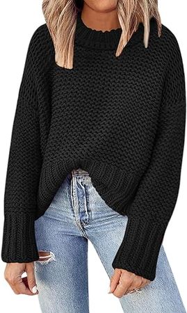 DEEP SELF Women's Crewneck Chunky Knit Sweater Batwing Long Sleeve Loose Fall Solid Pullover Sweaters Tops at Amazon Women’s Clothing store