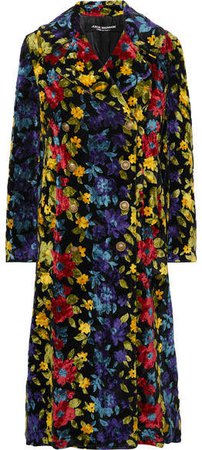 Double-breasted Floral-jacquard Coat - Black