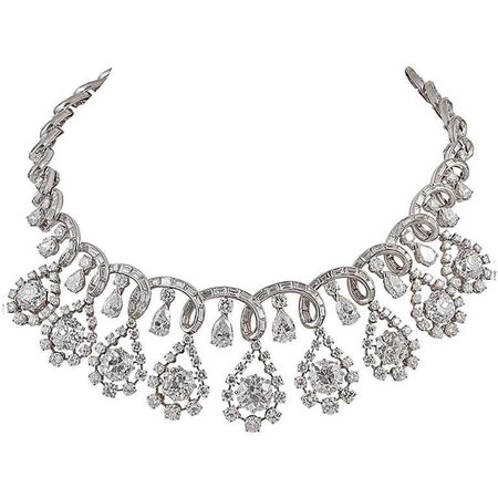 Platinum Diamond Necklace, circa 1960s For Sale at 1stdibs