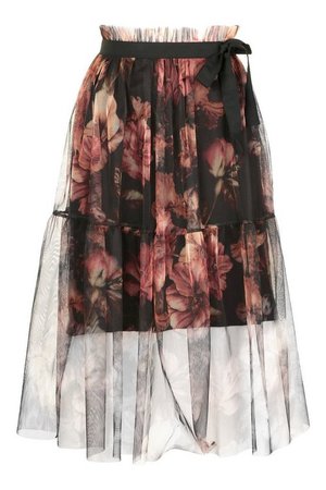 Floral Organza Mesh Midi Skirt | Boohoo UK