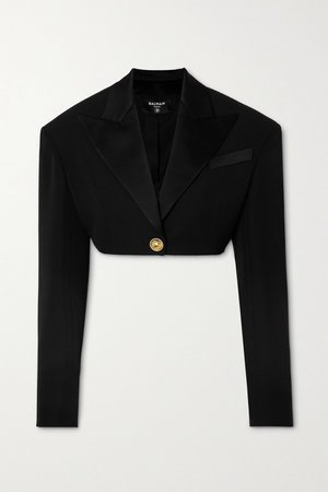 Black Cropped satin-trimmed grain de poudre wool jacket | Balmain | NET-A-PORTER