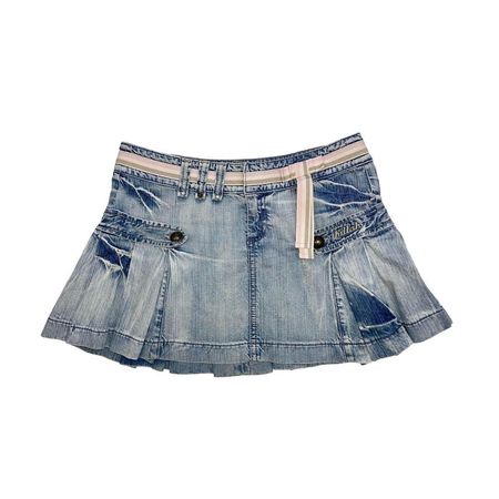 miss sixty killah light blue distressed denim mini skirts with integrated pink and gray belt