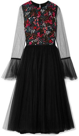 Embellished Stretch-tulle Midi Dress - Black