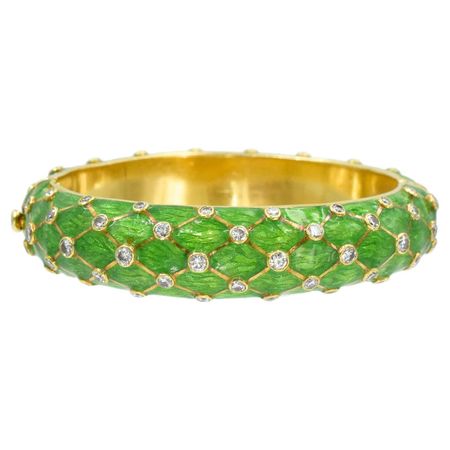 Tiffany and Co. Gold, Green Enamel and Diamond Bangle